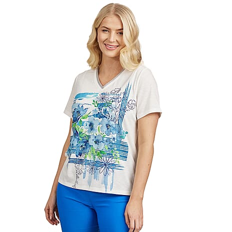 Mudflower Floral Pattern V-Neck T-Shirt (Size 12) - Blue