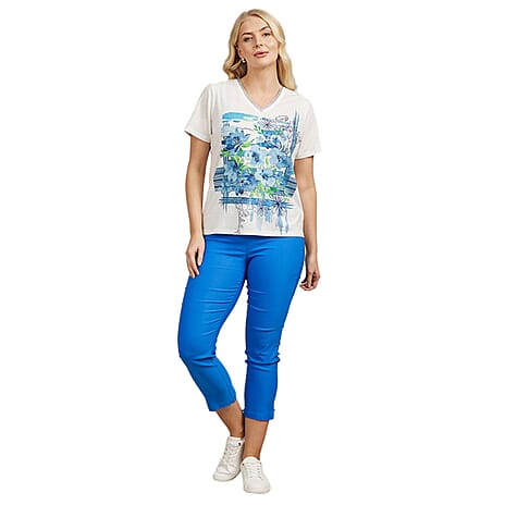 Mudflower Floral Pattern V-Neck T-Shirt (Size 10) - Blue