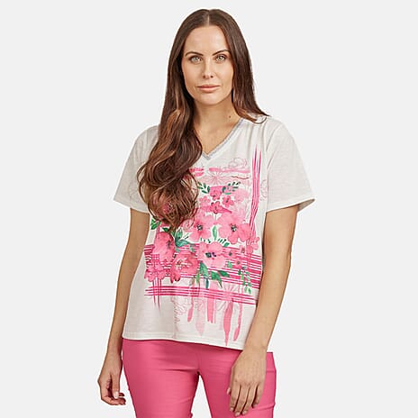 Mudflower Floral Pattern V-Neck T-Shirt (Size 14) - Pink