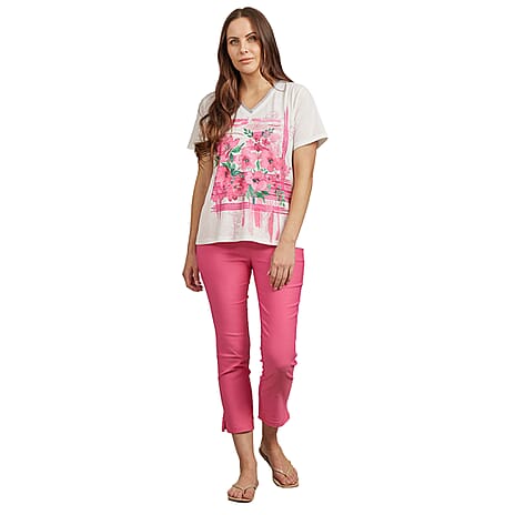 Mudflower Floral Pattern V-Neck T-Shirt (Size 14) - Pink