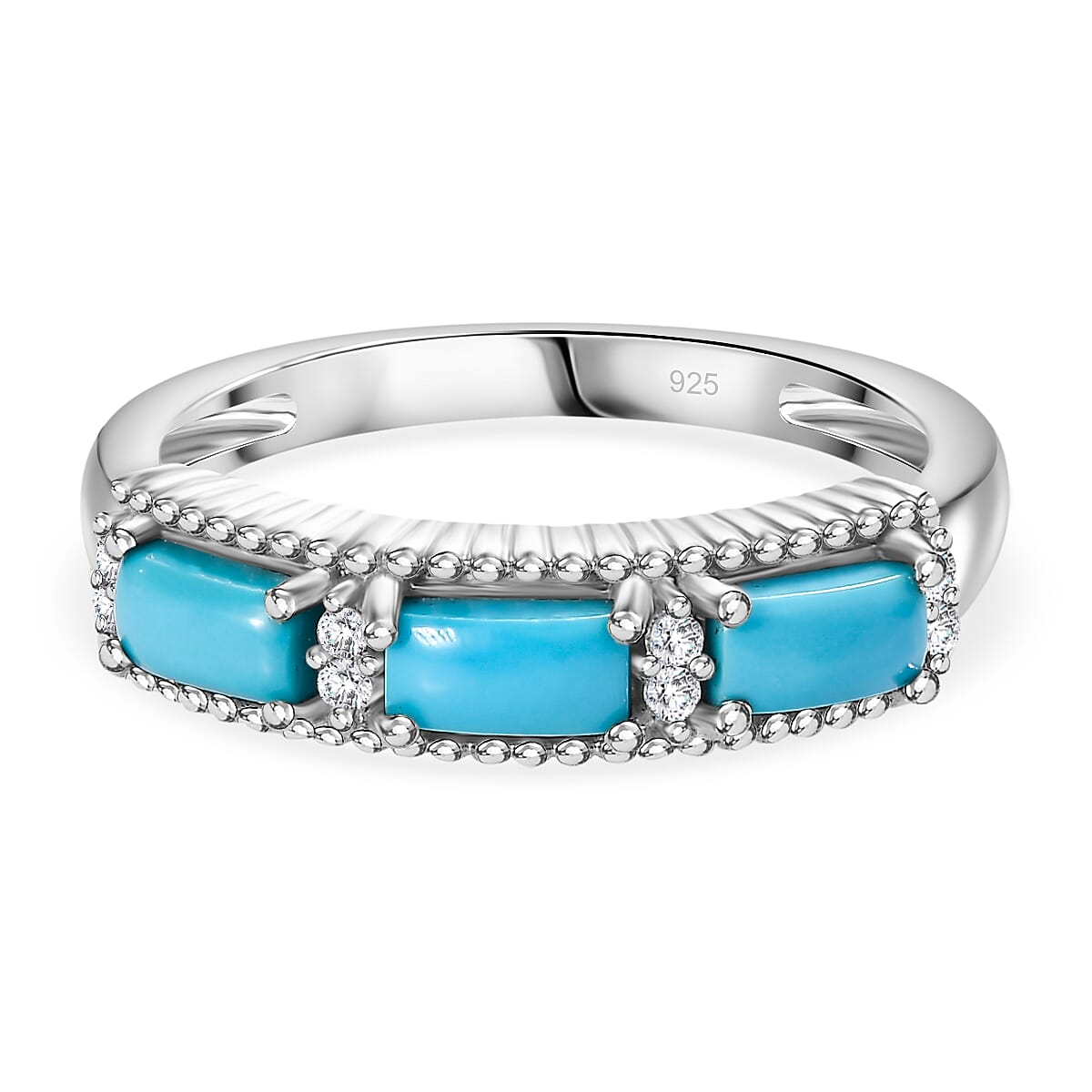 Sleeping Beauty Turquoise & White Zircon Ring in rhodium Sterling Silver