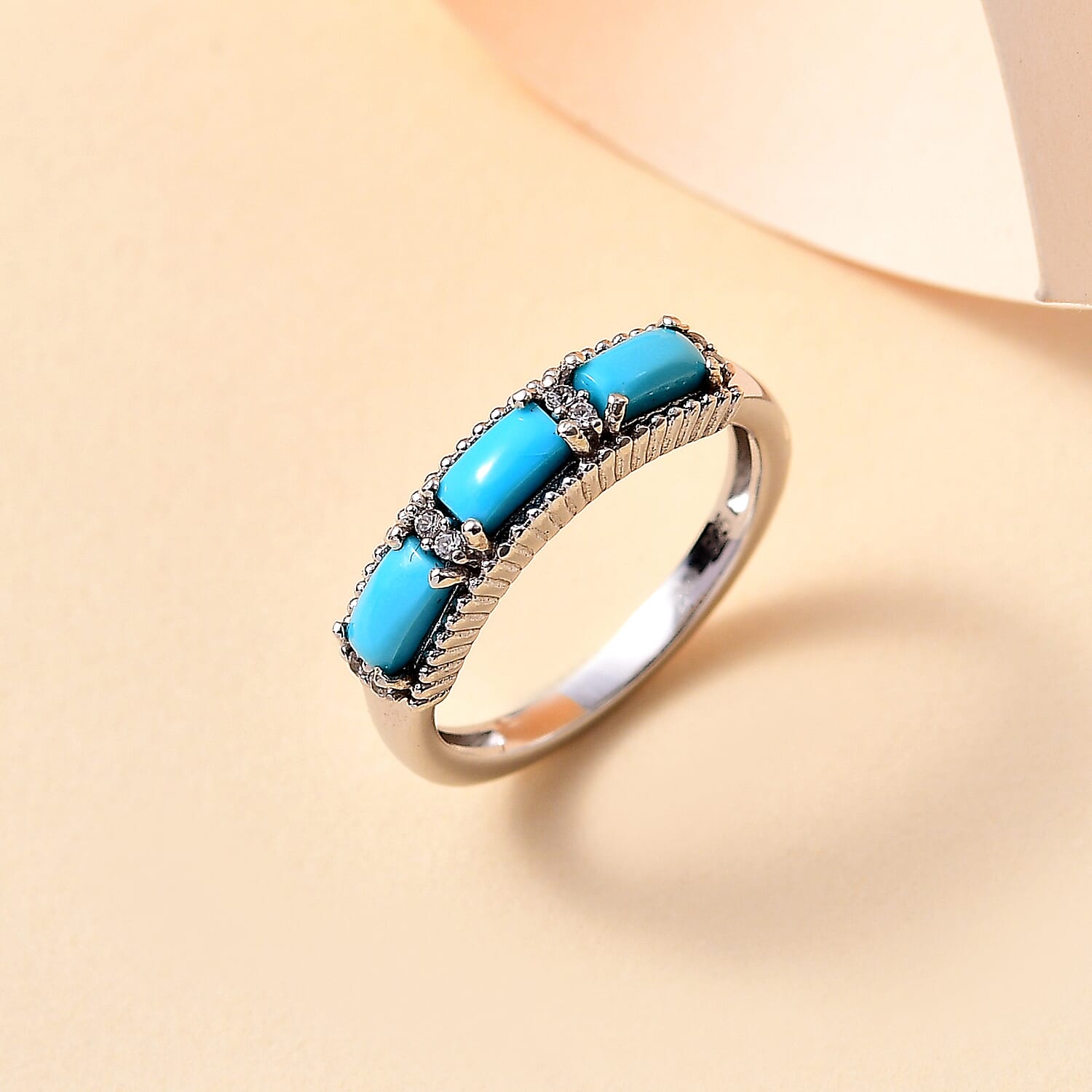 Sleeping Beauty Turquoise & White Zircon Ring in rhodium Sterling Silver