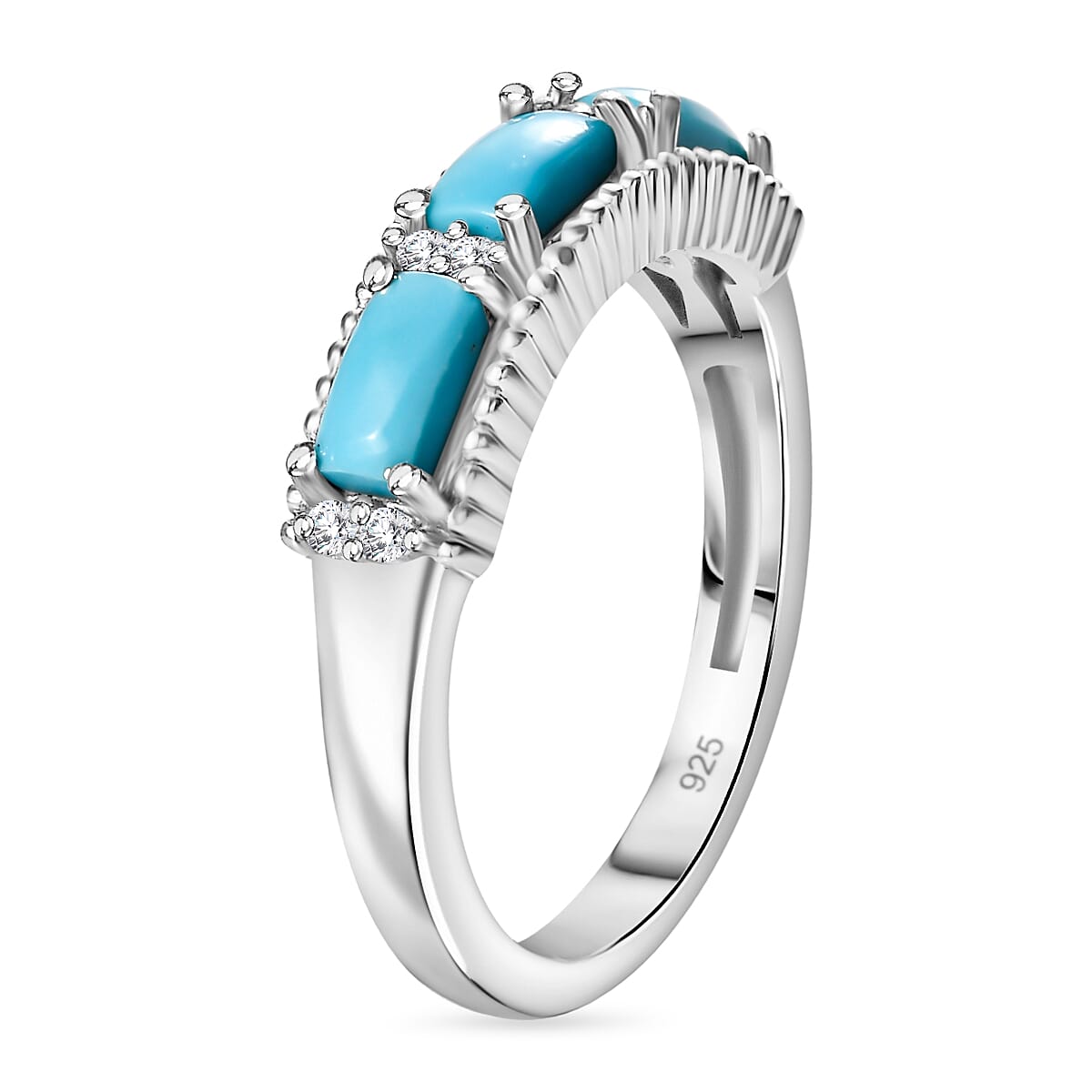 Sleeping Beauty Turquoise & White Zircon Ring in rhodium Sterling Silver
