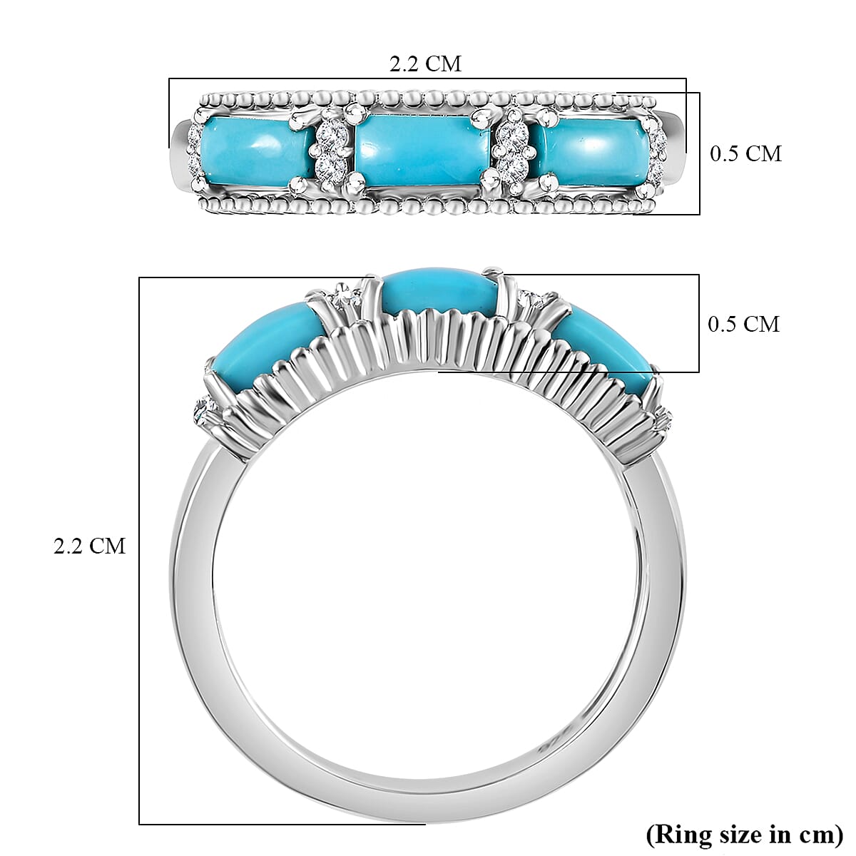 Sleeping Beauty Turquoise & White Zircon Ring in rhodium Sterling Silver