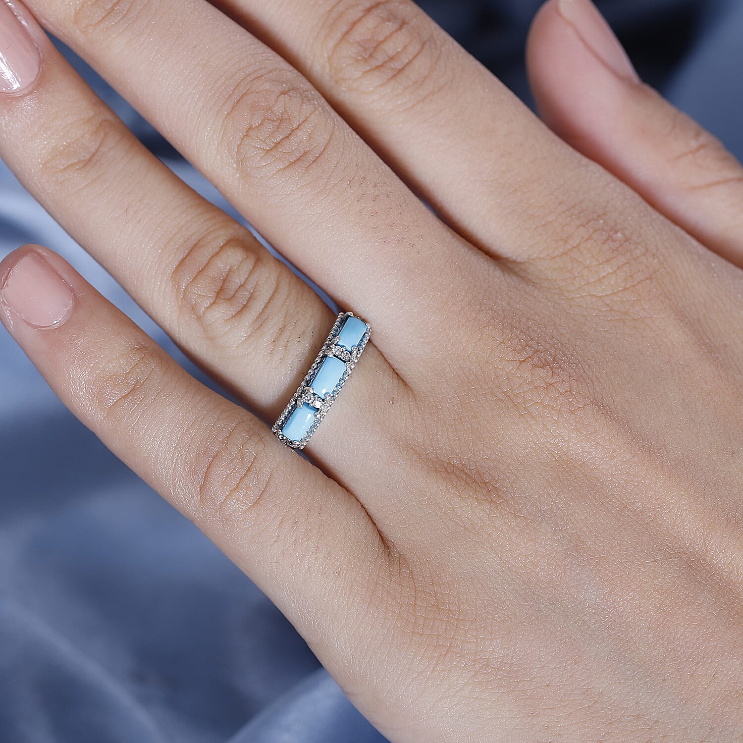 Sleeping Beauty Turquoise & White Zircon Ring in rhodium Sterling Silver