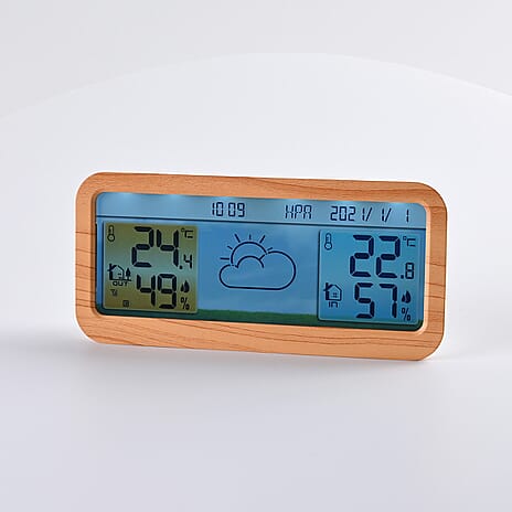 Wireless Weather Station - Indoor-outdoor Temp & Humidity, RCC function, Air Pressure, Weather Forecast, Time-Date-Week display, Alarm  (Size 175x30 mm) - Wood Grain & White