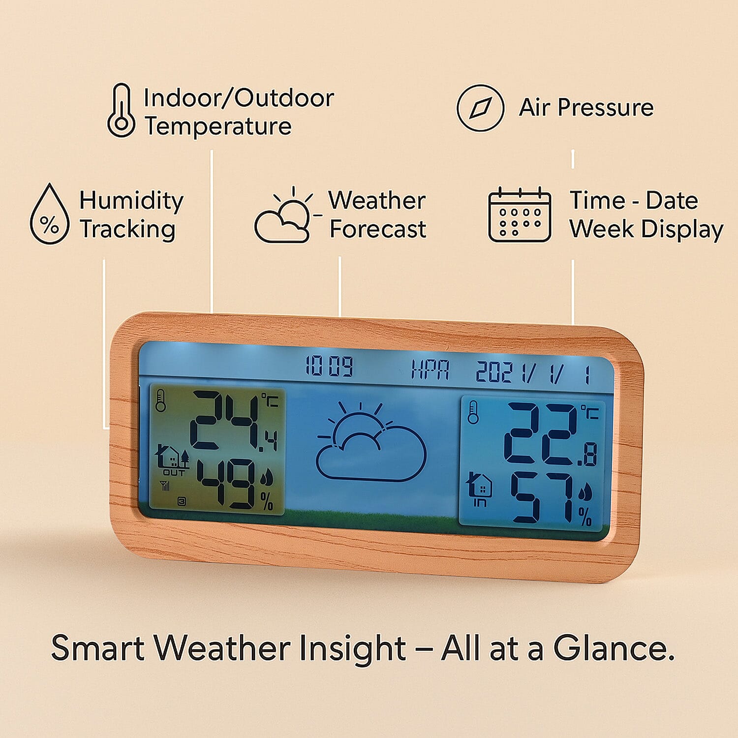 Wireless Weather Station - Indoor-outdoor Temp & Humidity, RCC function, Air Pressure, Weather Forecast, Time-Date-Week display, Alarm  (Size 175x30 mm) - Wood Grain & White