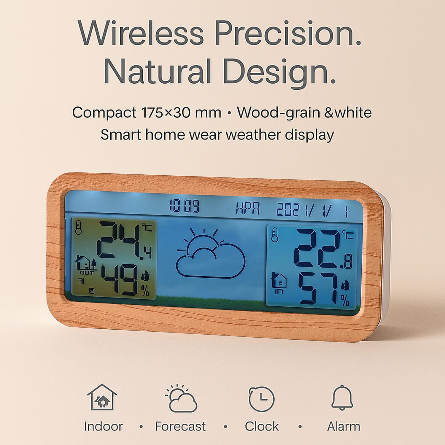 Wireless Weather Station - Indoor-outdoor Temp & Humidity, RCC function, Air Pressure, Weather Forecast, Time-Date-Week display, Alarm  (Size 175x30 mm) - Wood Grain & White