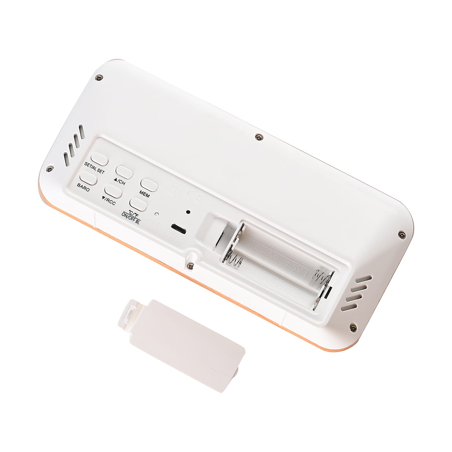 Wireless Weather Station - Indoor-outdoor Temp & Humidity, RCC function, Air Pressure, Weather Forecast, Time-Date-Week display, Alarm  (Size 175x30 mm) - Wood Grain & White