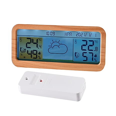 Wireless Weather Station - Indoor-outdoor Temp & Humidity, RCC function, Air Pressure, Weather Forecast, Time-Date-Week display, Alarm  (Size 175x30 mm) - Wood Grain & White