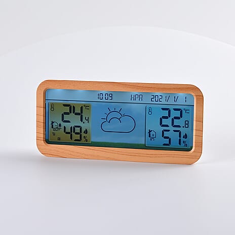 Wireless Weather Station - Indoor-outdoor Temp & Humidity, RCC function, Air Pressure, Weather Forecast, Time-Date-Week display, Alarm  (Size 175x30 mm) - Wood Grain & White
