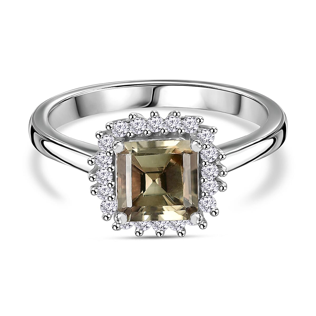 D'Joy Turkizite, Moissanite Halo Ring in Rhodium Overlay Sterling Silver 1.46 Ct.