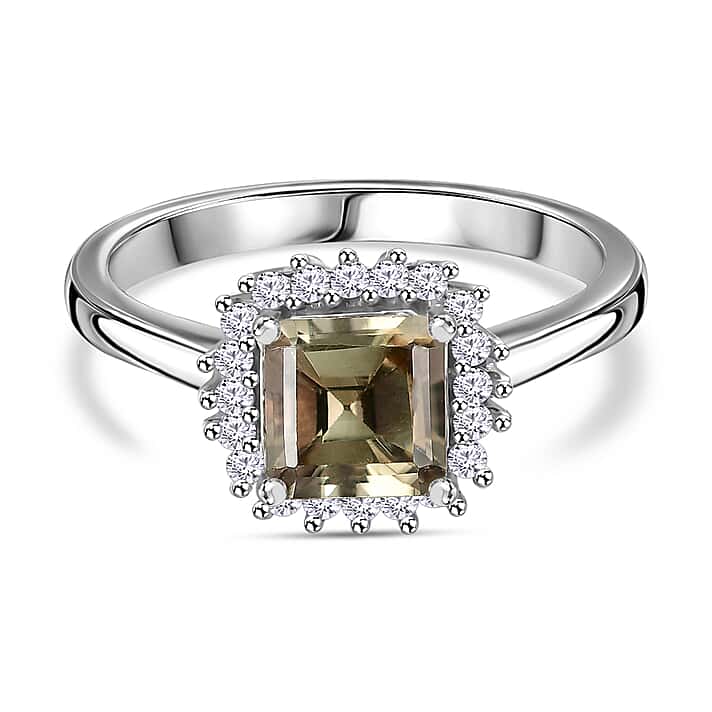 D'Joy Turkizite, Moissanite Halo Ring in Rhodium Overlay Sterling Silver 1.46 Ct.