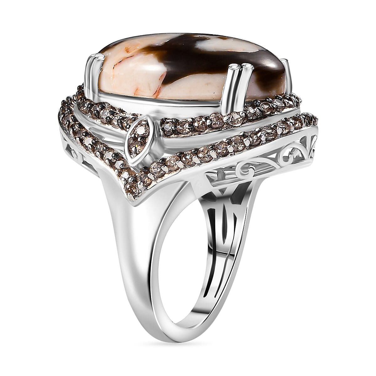 Australian Peanut Wood Jasper and Natural Champange  Zircon Ring in Rhodium Sterling Silver 15.16 Ct, Silver Wt. 8.27 Gms.
