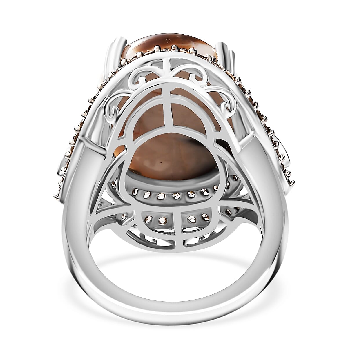 Australian Peanut Wood Jasper and Natural Champange  Zircon Ring in Rhodium Sterling Silver 15.16 Ct, Silver Wt. 8.27 Gms.