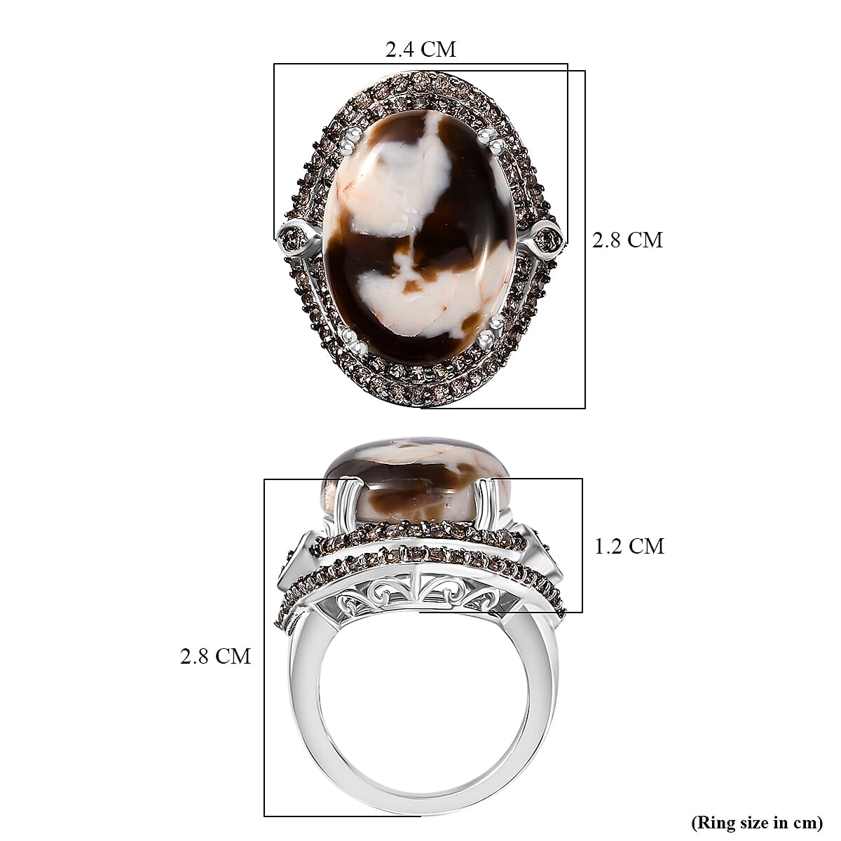 Australian Peanut Wood Jasper and Natural Champange  Zircon Ring in Rhodium Sterling Silver 15.16 Ct, Silver Wt. 8.27 Gms.