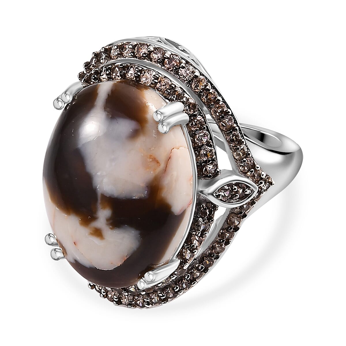 Australian Peanut Wood Jasper and Natural Champagne Zircon Halo Ring in Rhodium Overlay Sterling Silver 15.16 Ct.