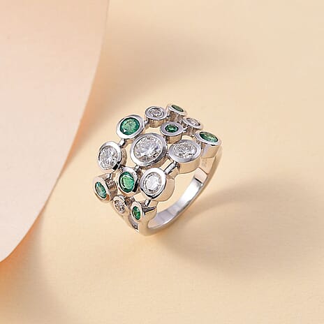 Moissanite & Gemfield Emerald Bubble Ring in Rhodium Overlay Sterling Silver 2.21 Ct.