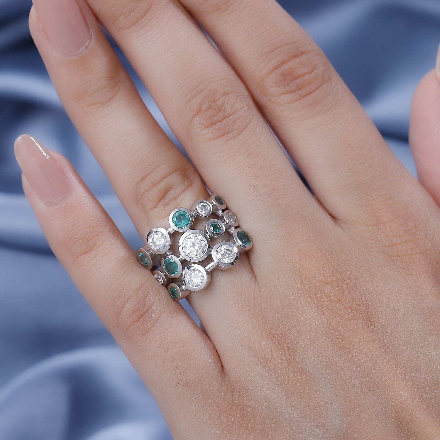 Moissanite & Gemfield Emerald Bubble Ring in Rhodium Overlay Sterling Silver 2.21 Ct.
