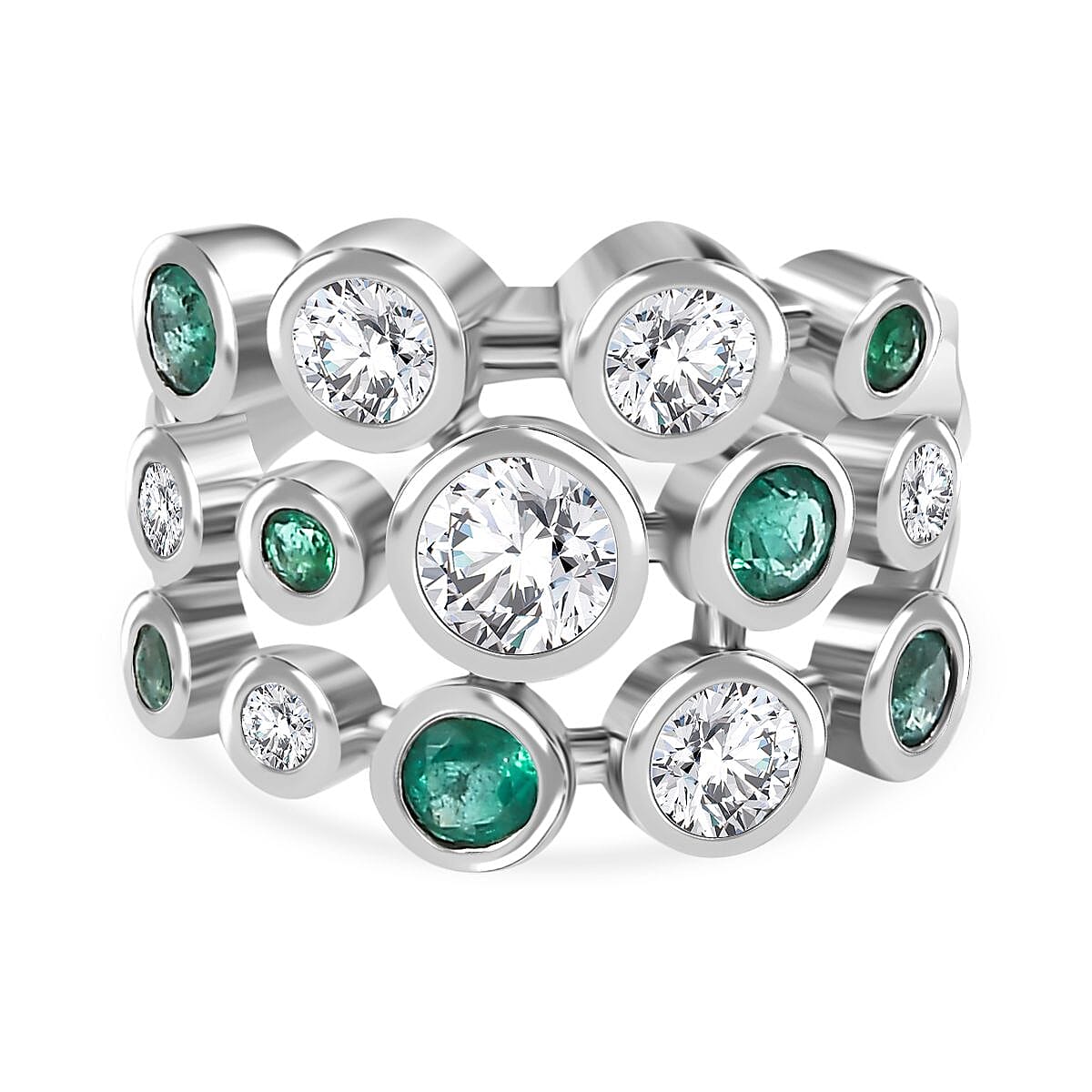 Moissanite & Gemfield Emerald Bubble Ring in Rhodium Overlay Sterling Silver 2.21 Ct.