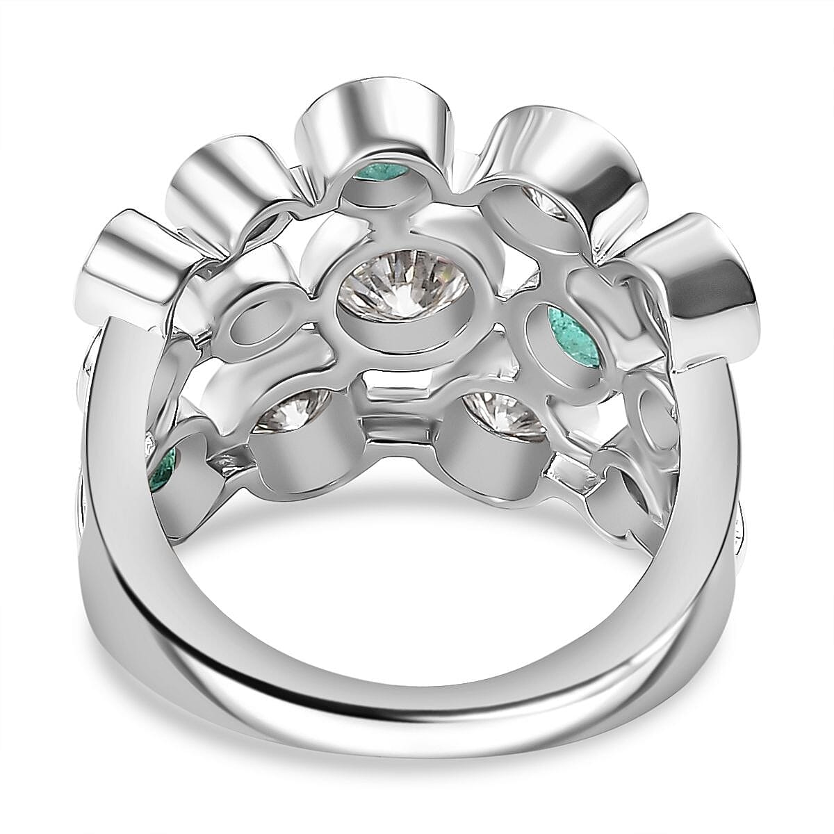 Moissanite & Gemfield Emerald Bubble Ring in Rhodium Overlay Sterling Silver 2.21 Ct.