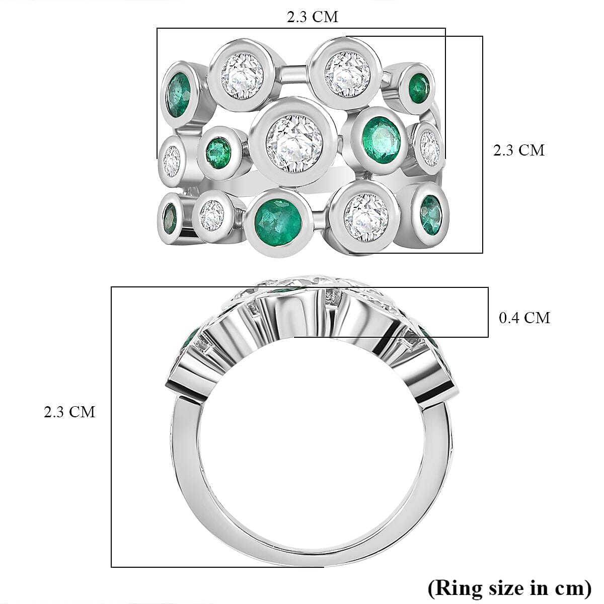 Moissanite & Gemfield Emerald Bubble Ring in Rhodium Overlay Sterling Silver 2.21 Ct.