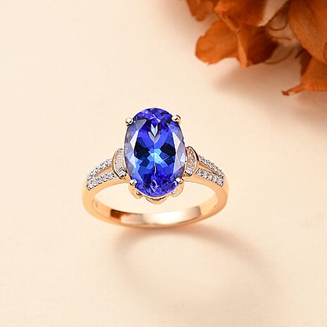 18K Yellow Gold  AAA Tanzanite,White Diamond GH,SI  Ring  4.57 Ct