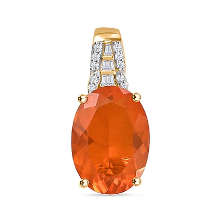 14K Yellow Gold AAA Fire Opal, White Diamond Solitaire Pendant