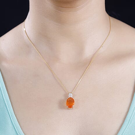 14K Yellow Gold AAA Salamanca Fire Opal & White Diamond Pendant 4.08 ct, Gold Wt. 2.75 Gms