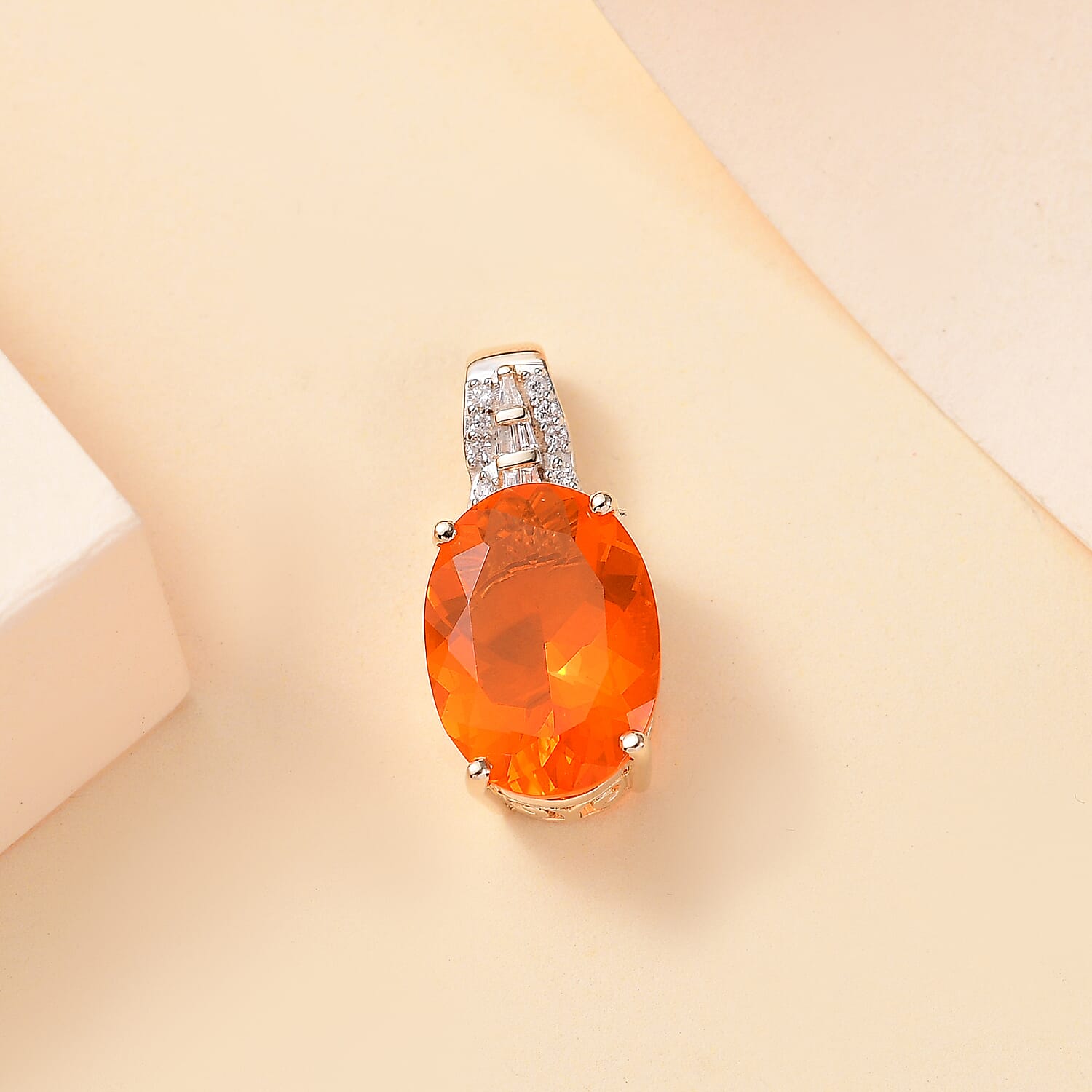 14K Yellow Gold AAA Salamanca Fire Opal & White Diamond Pendant 4.08 ct, Gold Wt. 2.75 Gms