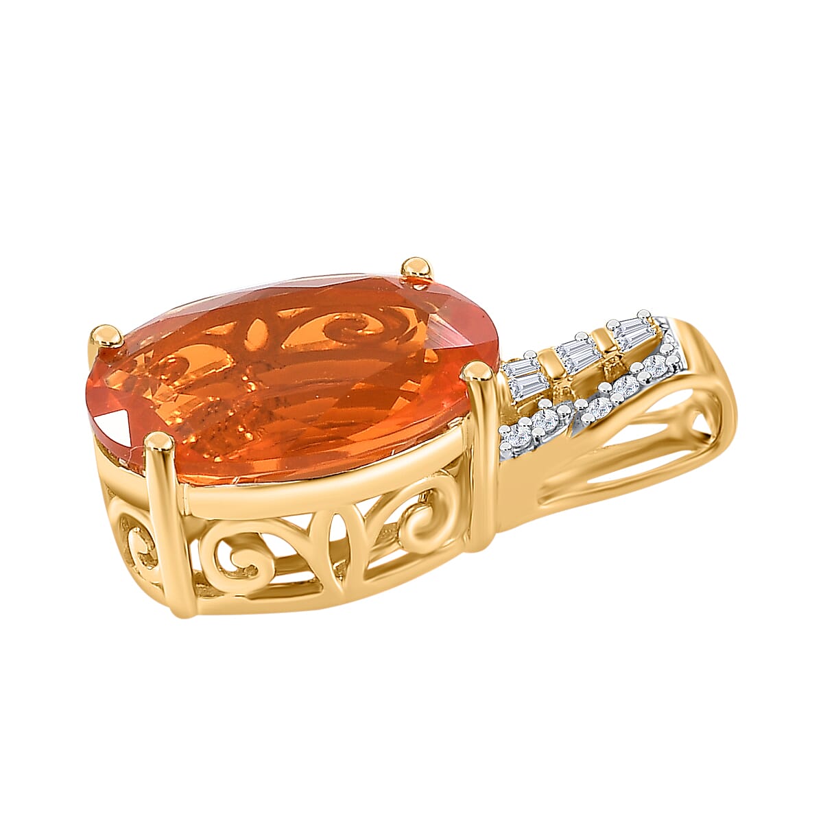 14K Yellow Gold AAA Salamanca Fire Opal & White Diamond Pendant 4.08 ct, Gold Wt. 2.75 Gms