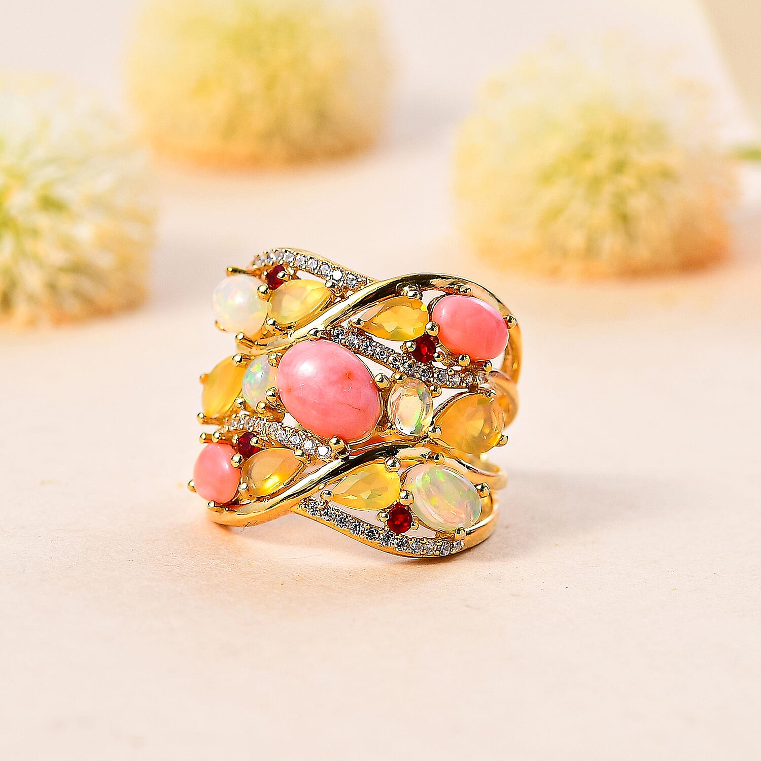 Peach Opal & Multi Gemstones Cluster Ring in 18K Vermeil Yellow Gold Plated Sterling Silver 4.13 Ct, Silver Wt. 6.75 Gms.