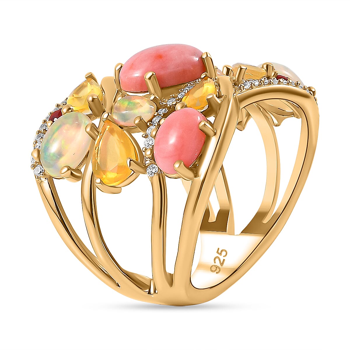 Peach Opal & Multi Gemstones Cluster Ring in 18K Vermeil Yellow Gold Plated Sterling Silver 4.13 Ct, Silver Wt. 6.75 Gms.