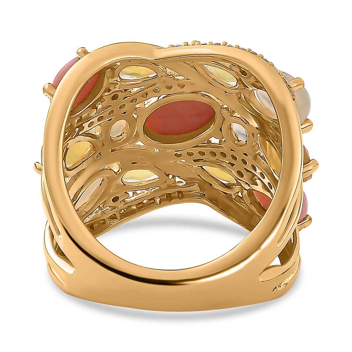 Peach Opal & Multi Gemstones Cluster Ring in 18K Vermeil Yellow Gold Plated Sterling Silver 4.13 Ct, Silver Wt. 6.75 Gms.