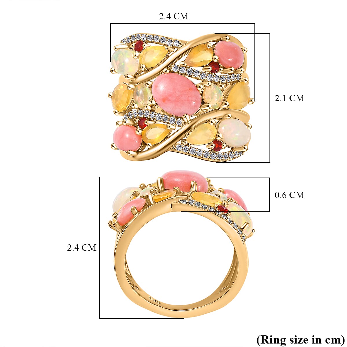 Peach Opal & Multi Gemstones Cluster Ring in 18K Vermeil Yellow Gold Plated Sterling Silver 4.13 Ct, Silver Wt. 6.75 Gms.