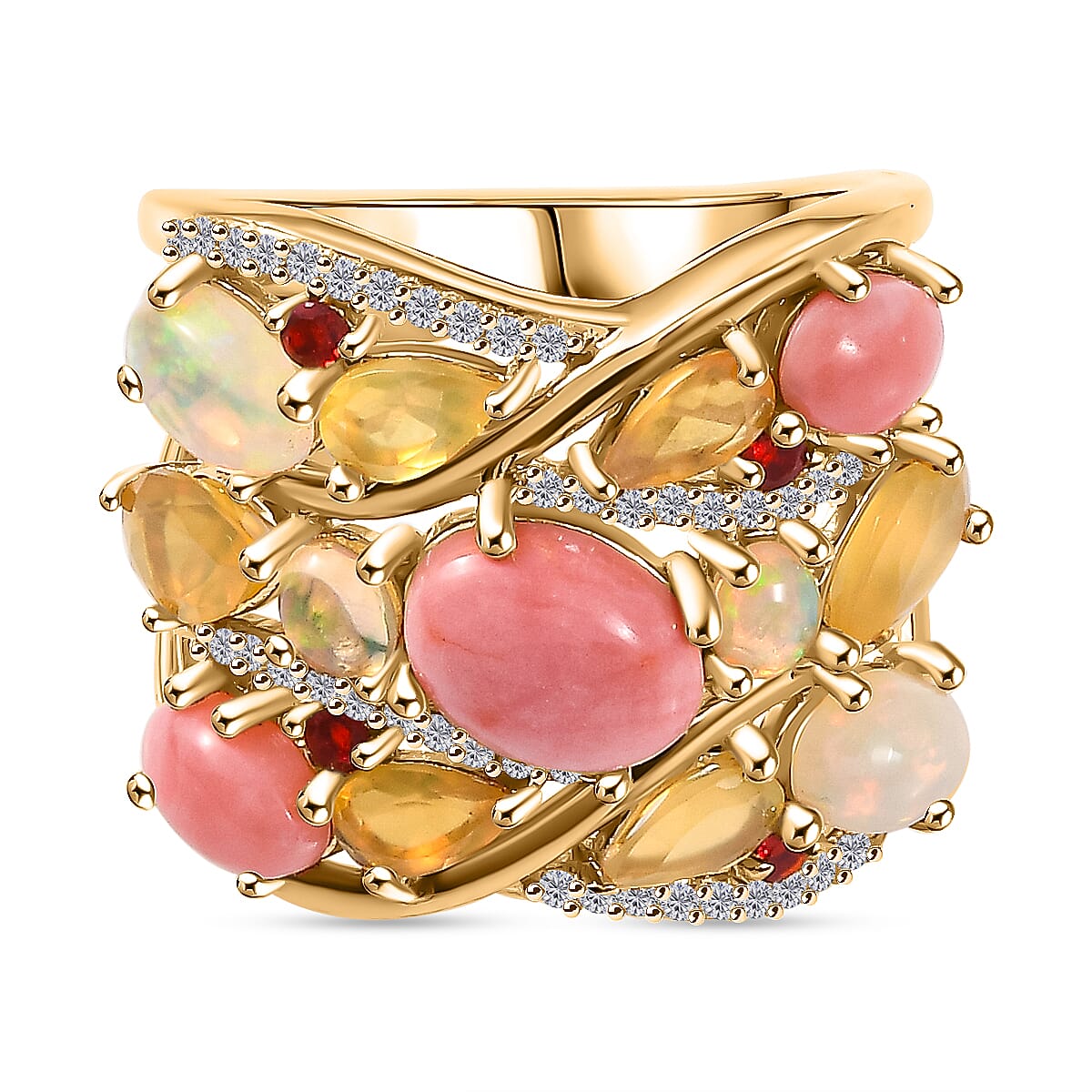 Peach Opal & Multi Gemstones Cluster Ring in 18K Vermeil Yellow Gold Plated Sterling Silver 4.13 Ct, Silver Wt. 6.75 Gms.