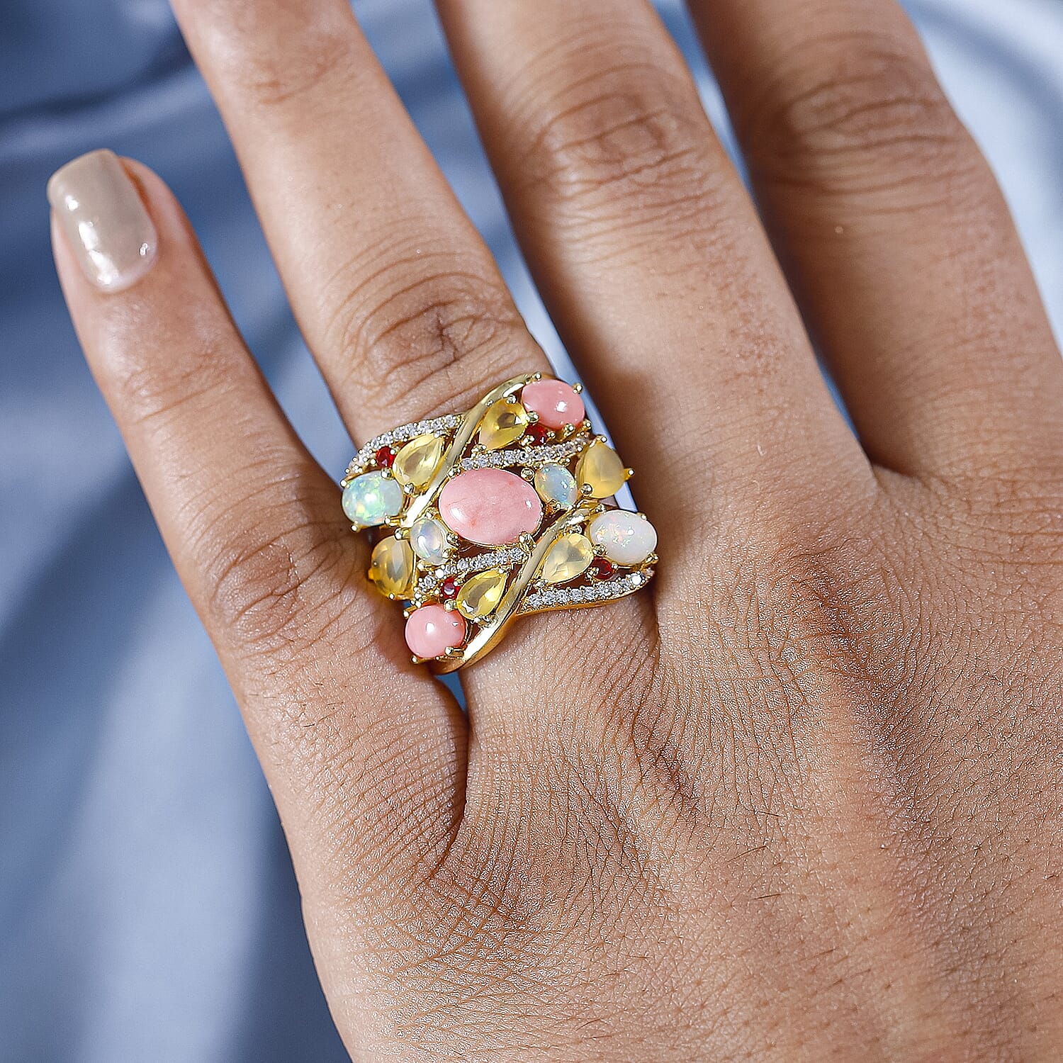 Peach Opal & Multi Gemstones Cluster Ring in 18K Vermeil Yellow Gold Plated Sterling Silver 4.13 Ct, Silver Wt. 6.75 Gms.