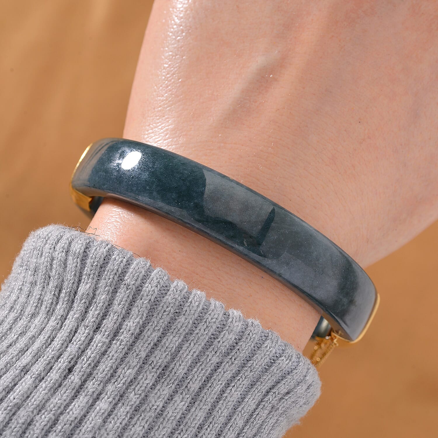 SUPER RARE - Natural Type A Jadeite Jade Bangle (Size - 7.5) in 18K Vermeil Yellow Gold Plated Sterling Silver 250.00 Ct, Silver Wt. 6.90 Gms.