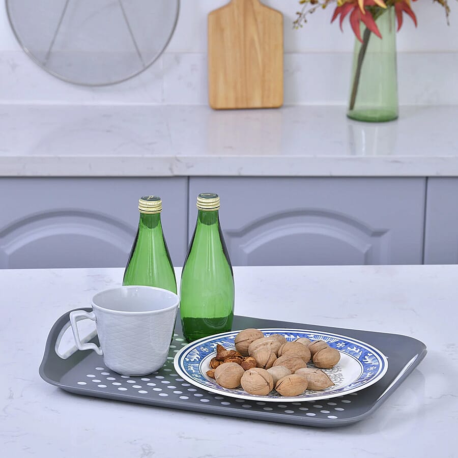 Set of 2 Rectangular Non Skid Rubber Grip Serving Tray (Size 45x32 Cm) - Black & Grey