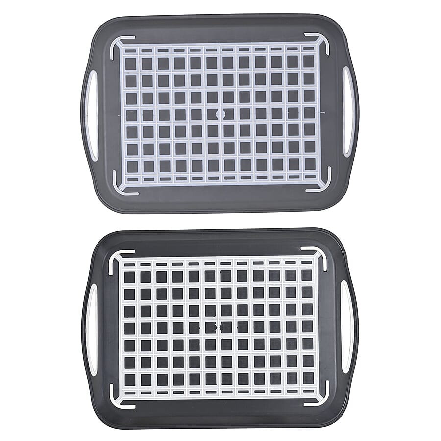 Set of 2 Rectangular Non Skid Rubber Grip Serving Tray (Size 45x32 Cm) - Black & Grey