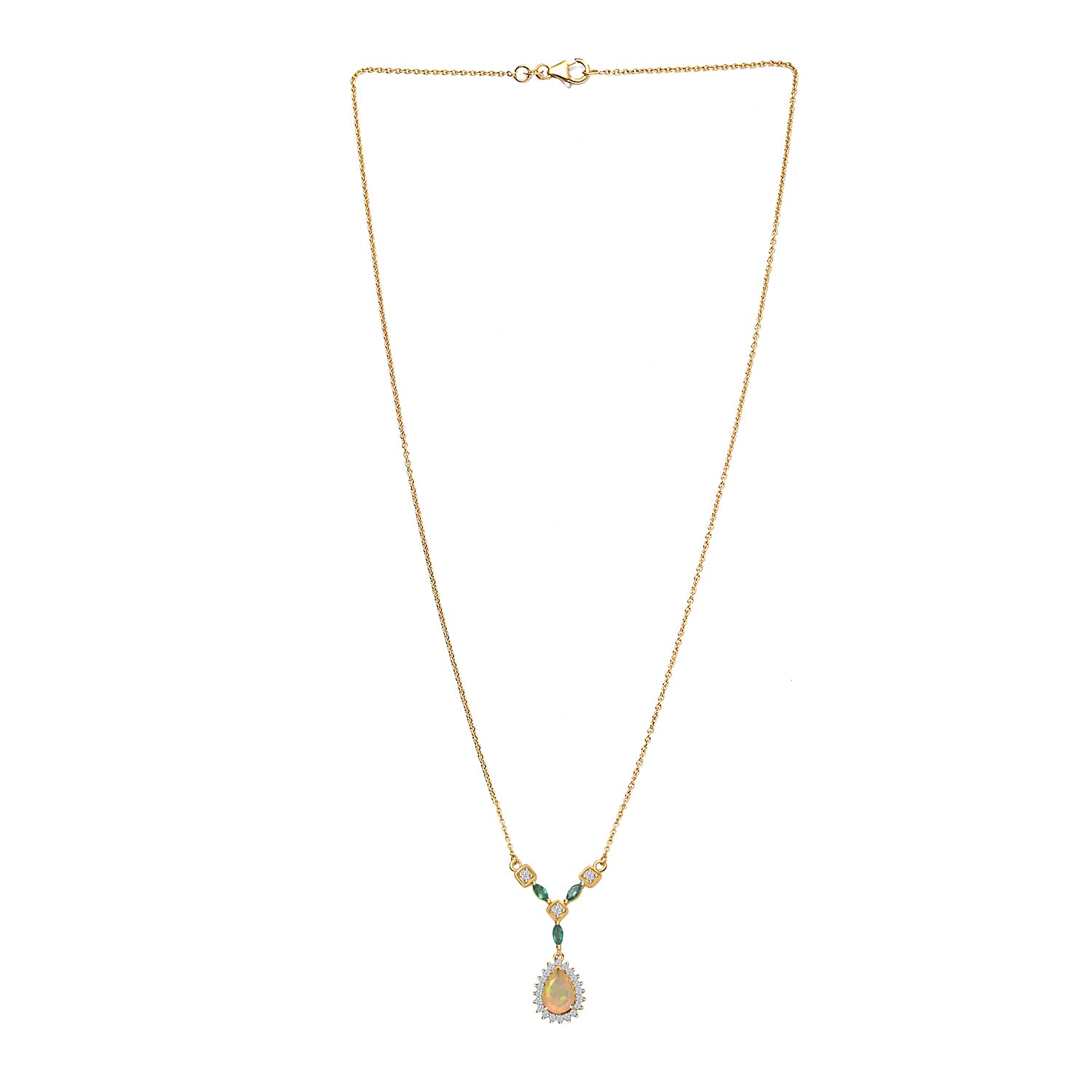 Ethiopian Opal ,  Emerald ,  Moissanite  Fancy Necklace (Size - 20) in 18K YG Vermeil Sterling Silver 2.40 ct,  Silver Wt. 6 Gms  2.020  Ct.
