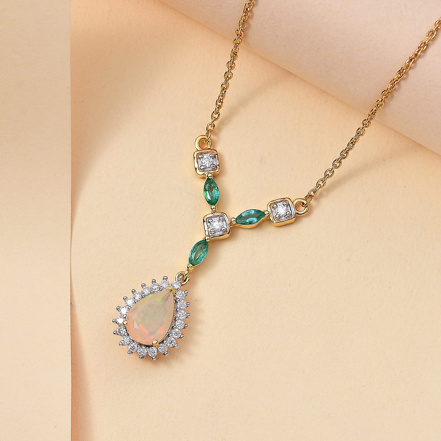 Ethiopian Opal ,  Emerald ,  Moissanite  Fancy Necklace (Size - 20) in 18K YG Vermeil Sterling Silver 2.40 ct,  Silver Wt. 6 Gms  2.020  Ct.