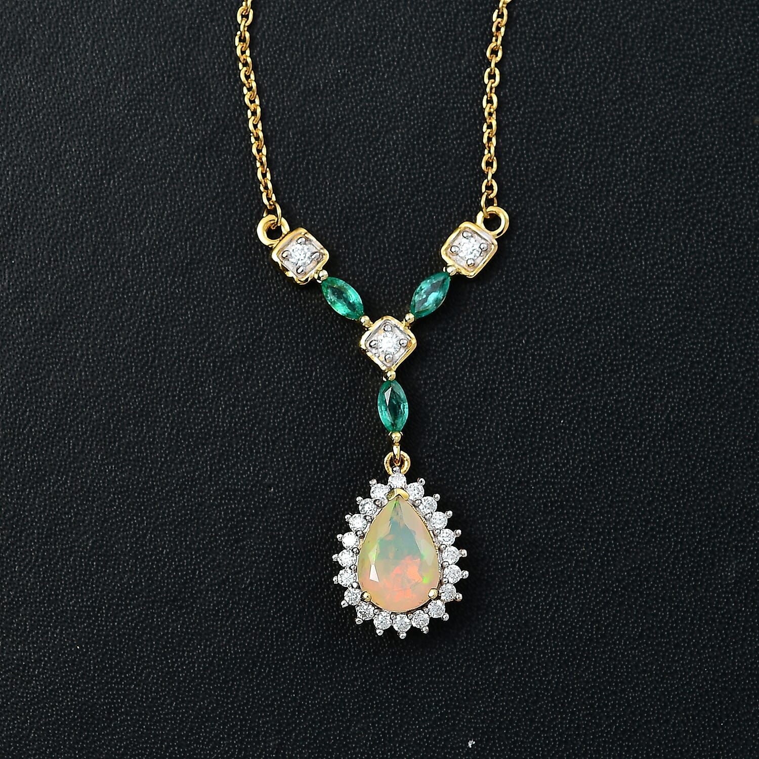 Ethiopian Opal ,  Emerald ,  Moissanite  Fancy Necklace (Size - 20) in 18K YG Vermeil Sterling Silver 2.40 ct,  Silver Wt. 6 Gms  2.020  Ct.