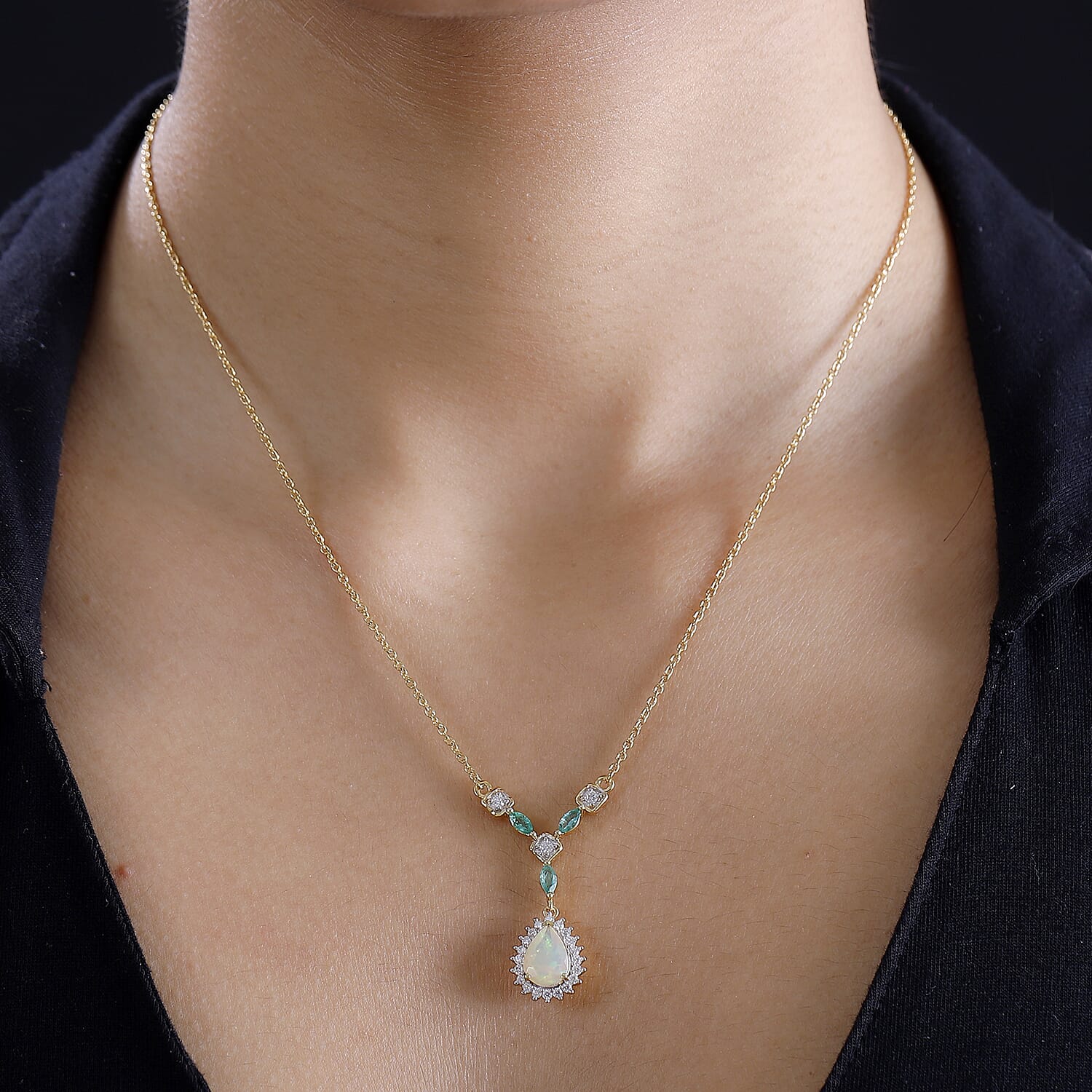 Ethiopian Opal ,  Emerald ,  Moissanite  Fancy Necklace (Size - 20) in 18K YG Vermeil Sterling Silver 2.40 ct,  Silver Wt. 6 Gms  2.020  Ct.