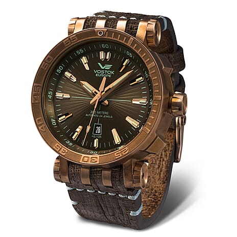 VOSTOK EUROPE Energia Automatic Movt. 30ATM WR Bronze Plated Mens Watch with Brown Genuine Leather Strap