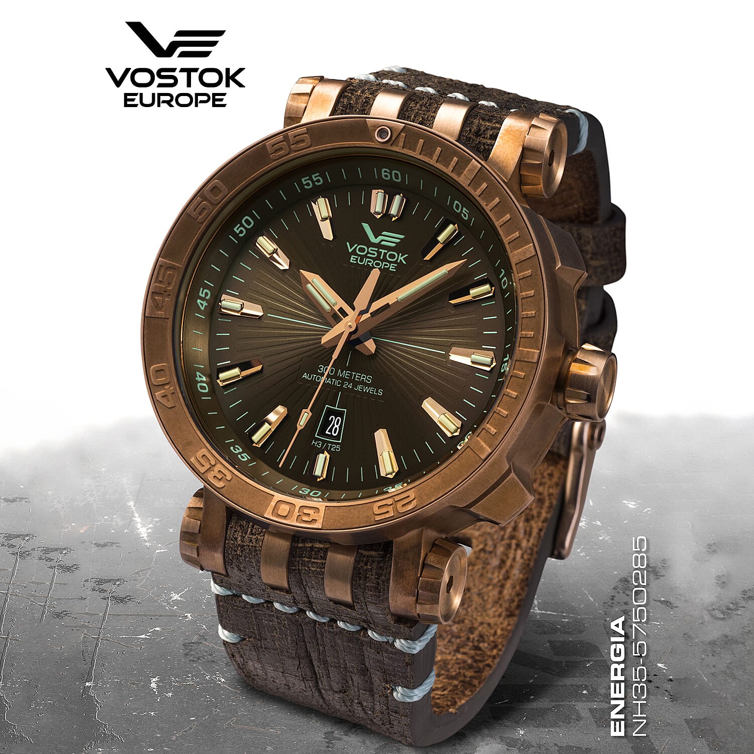 VOSTOK EUROPE Energia Automatic Movt. 30ATM WR Bronze Plated Mens Watch with Brown Genuine Leather Strap