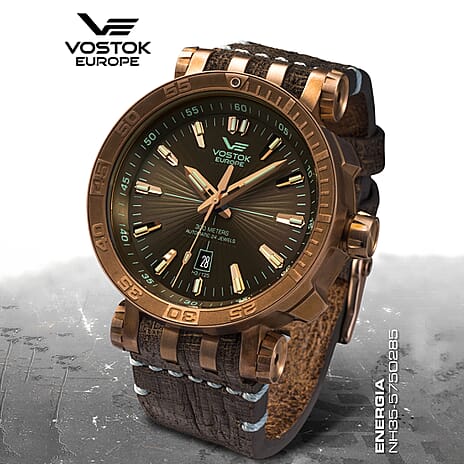 VOSTOK EUROPE Energia Automatic Movt. 30ATM WR Bronze Plated Mens Watch with Brown Genuine Leather Strap