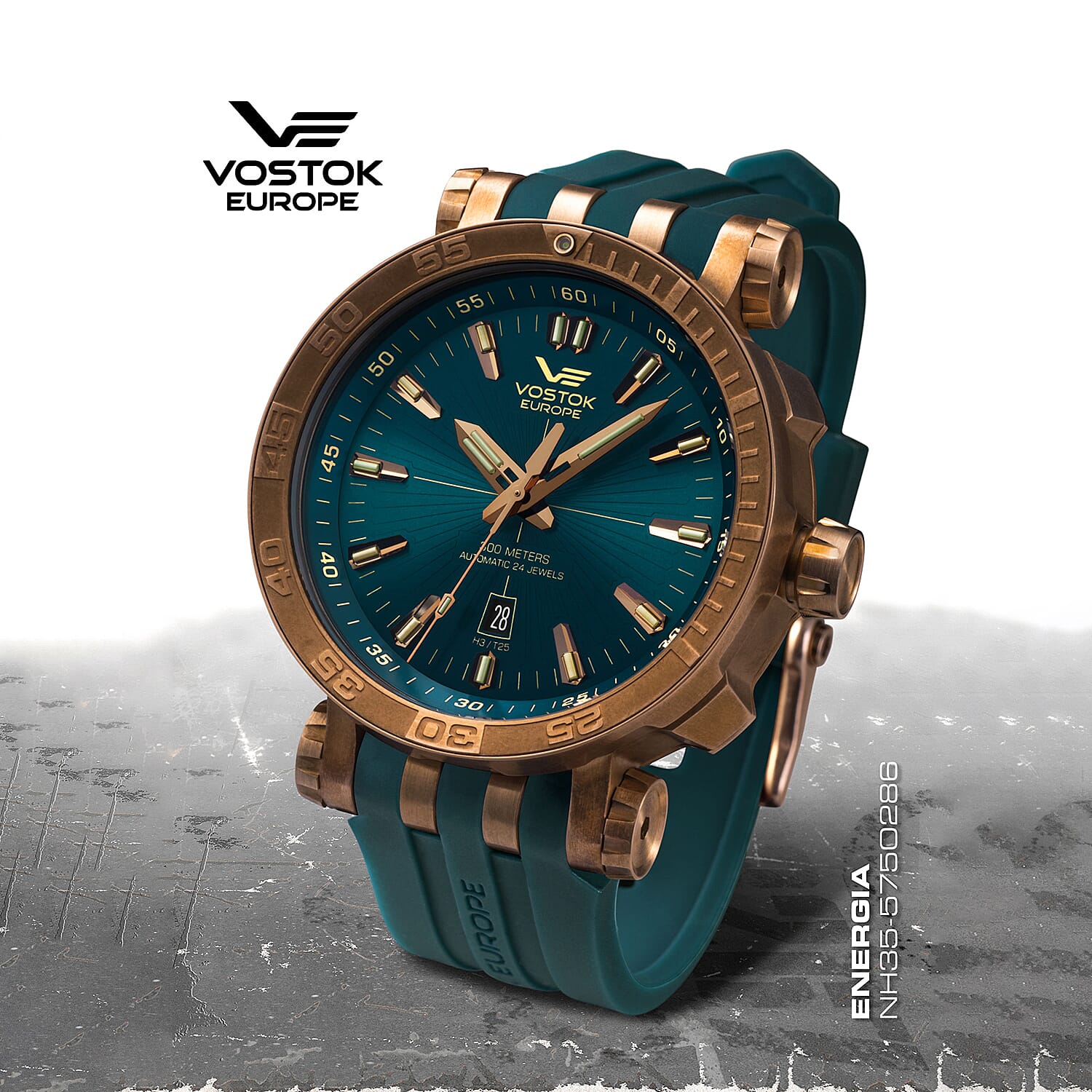 VOSTOK EUROPE Energia Automatic Movt. 30ATM WR Bronze Plated Mens Watch with Blue Genuine Leather Strap