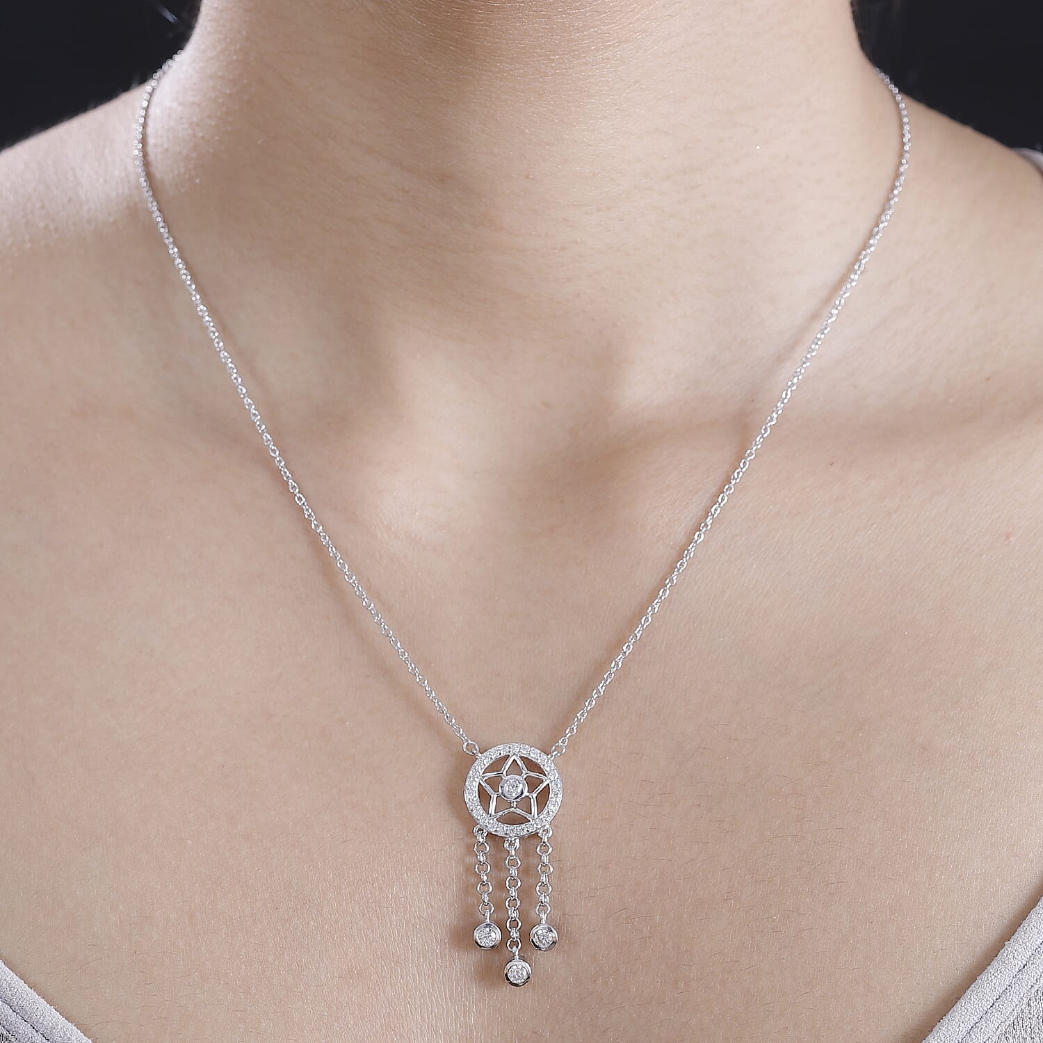 J Francis - Swarovski Zirconia Necklace (Size - 20) in Rhodium Overlay Sterling Silver 1.92 Ct.