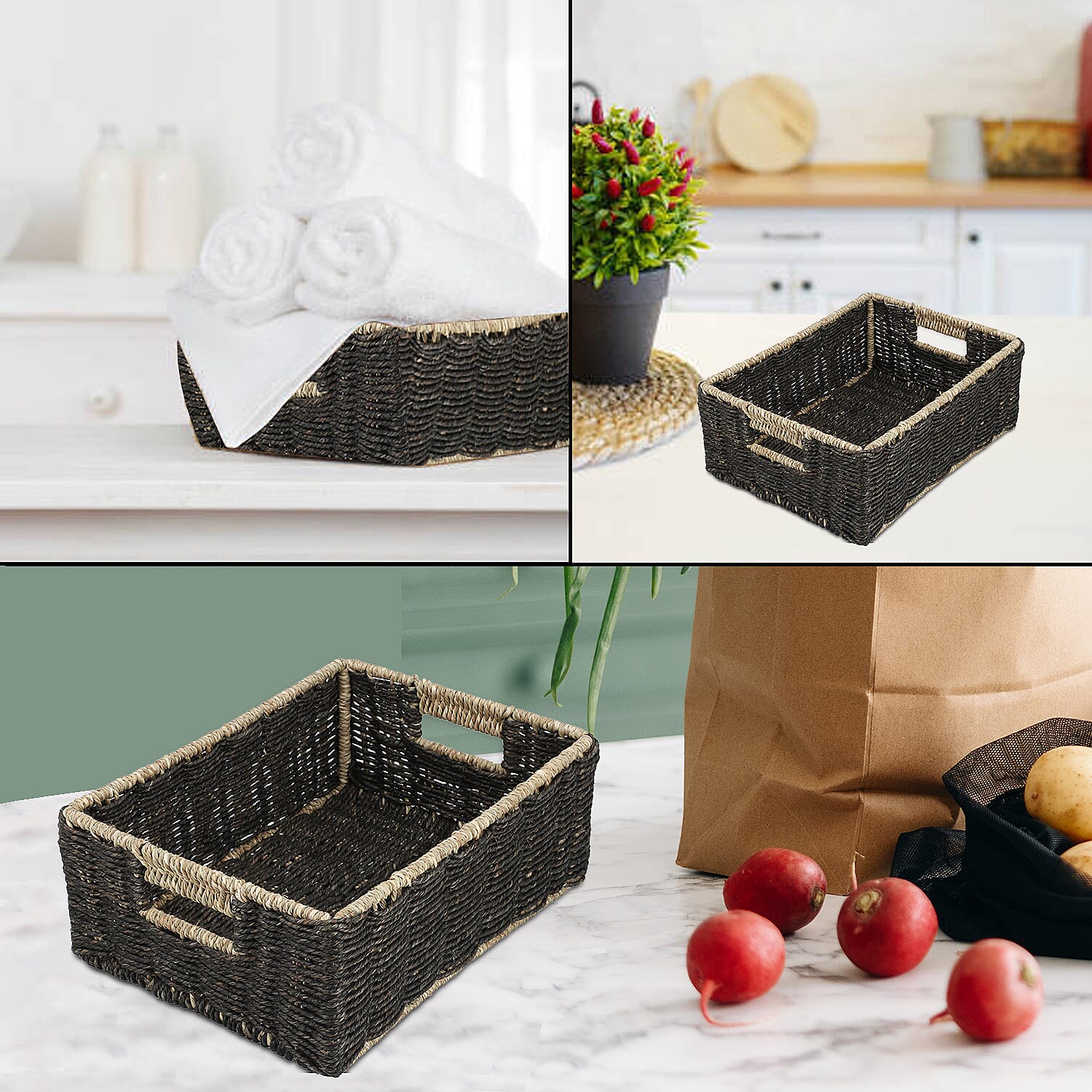 Handcrafted Sabai Grass Towel Basket (Size 30x24x11 Cm) - Black